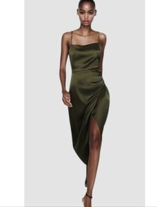 Zara Green Satin Effect Beaded Straps Slip  Dress Size Medium